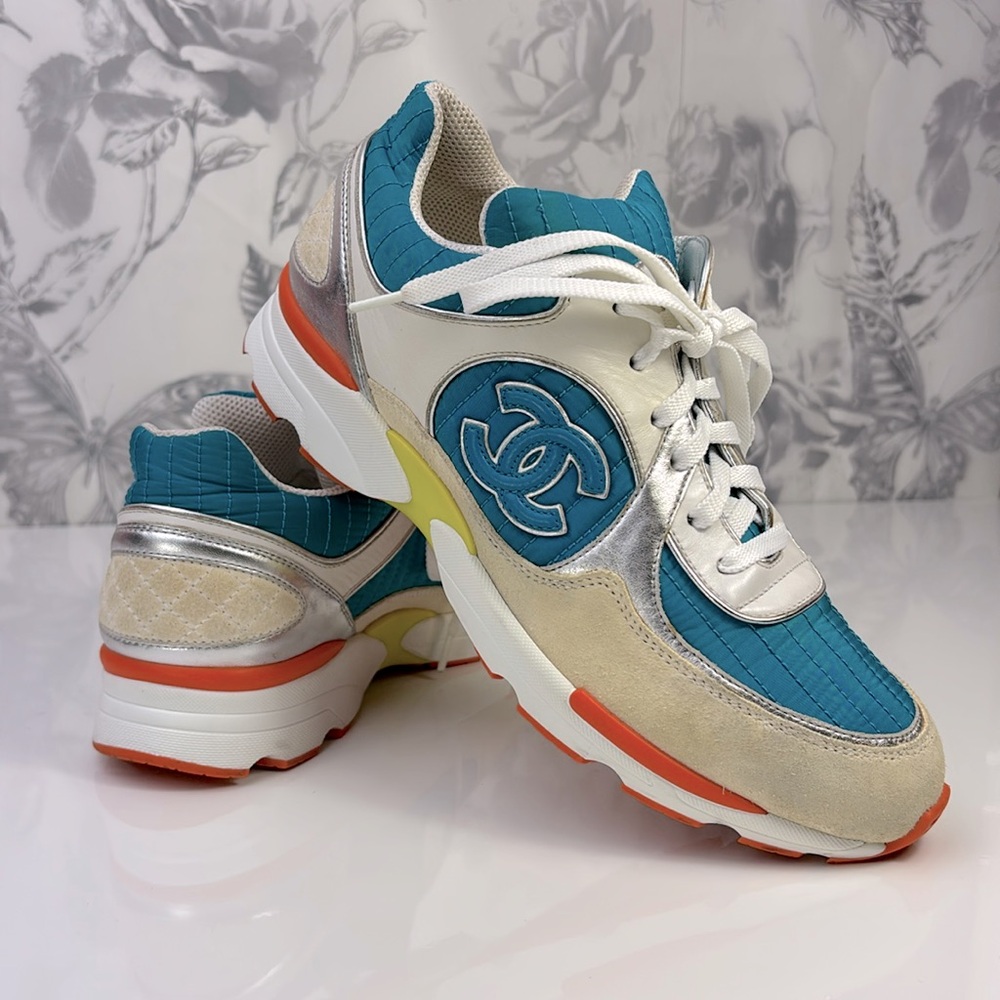 Chanel Blue, Silver & Tan Trainer Sneaker Shoes w/ CC Interlocked Logo, Sz 39